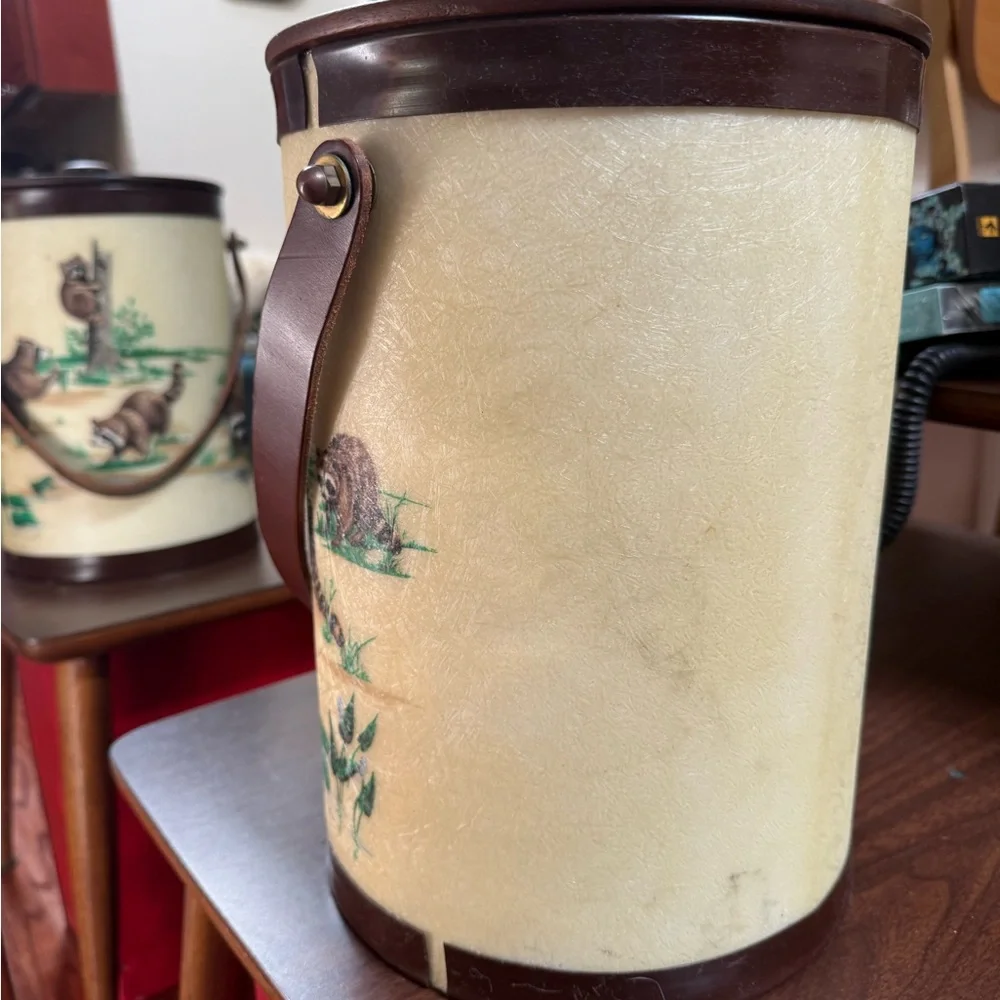 Vintage 70s Raccoon Ice Bucket Cream Brown leather handle Bacova Guild Antique